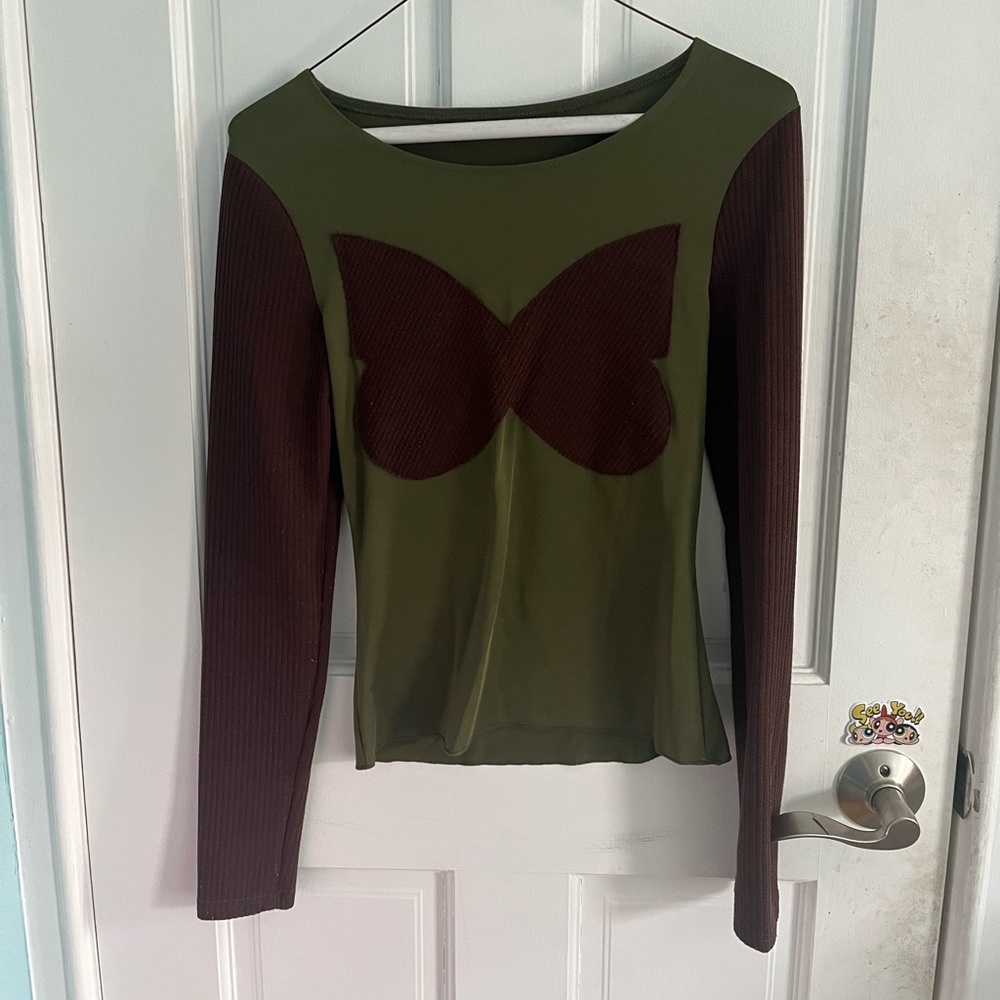 Butterfly long sleeve green and brown shirt